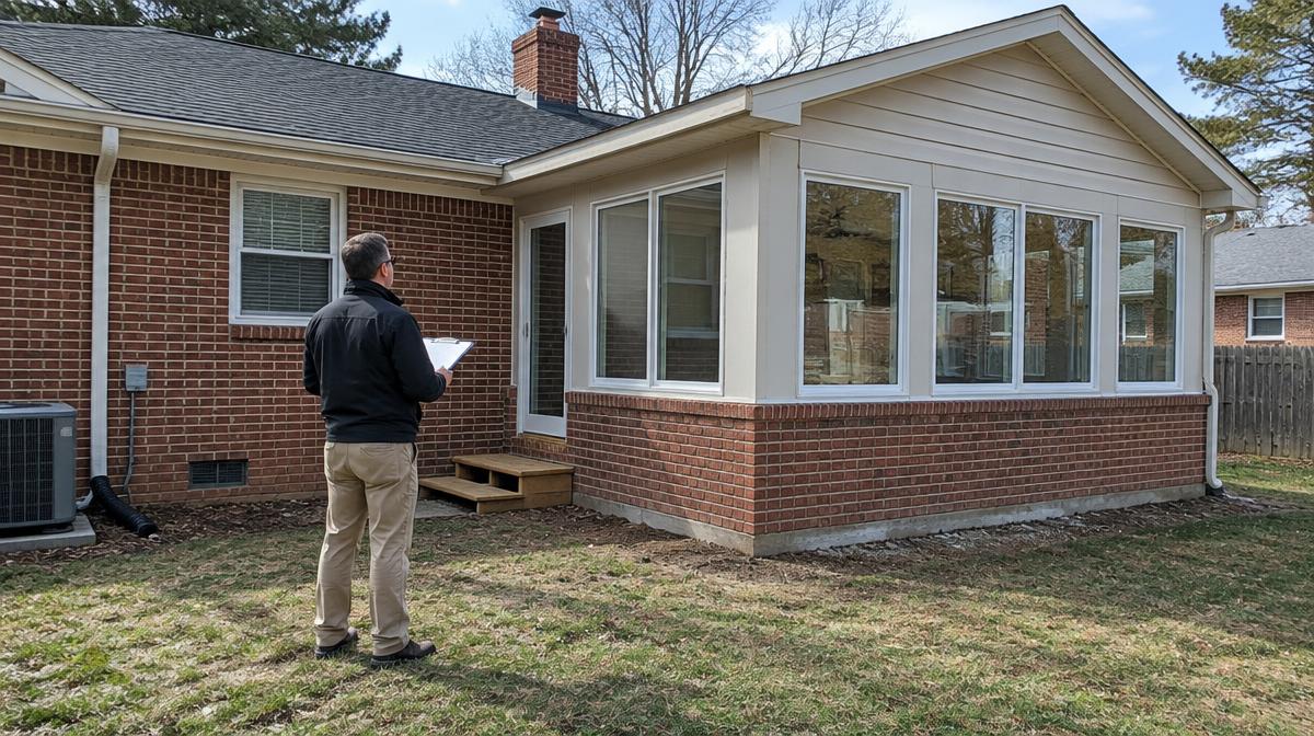 Illustrative building professional reviewing a sunroom addition on a Virginia brick house