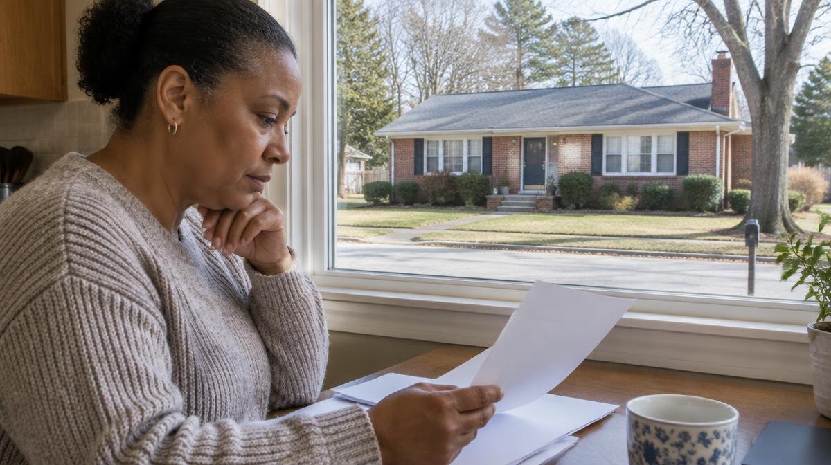 Illustrative homeowner reviewing mortgage paperwork beside a Hampton Roads brick house