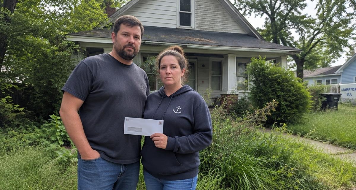 Adult siblings in front of an inherited house with an overgrown yard in Hampton Roads