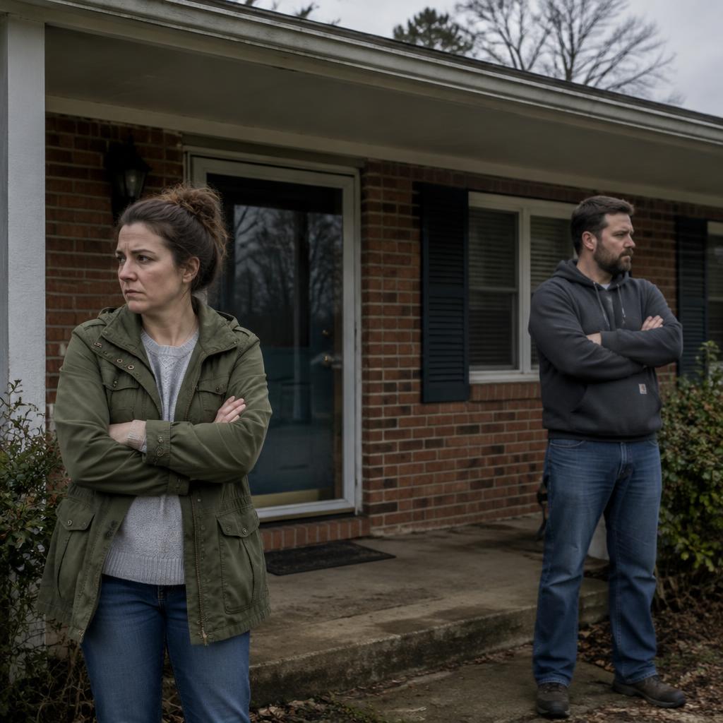 Two siblings standing apart on the porch of an inherited brick ranch house they disagree about