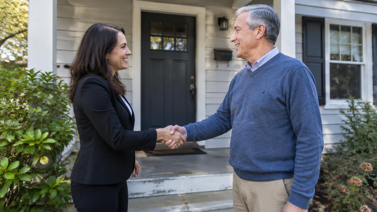 Homeowner and a local buyer shaking hands outside a Portsmouth, Virginia home