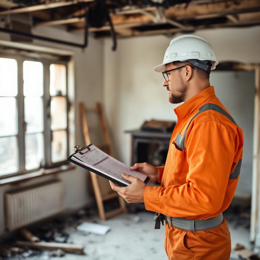 Contractor reviewing a fire-damaged house repair estimate on a clipboard in Hampton Roads