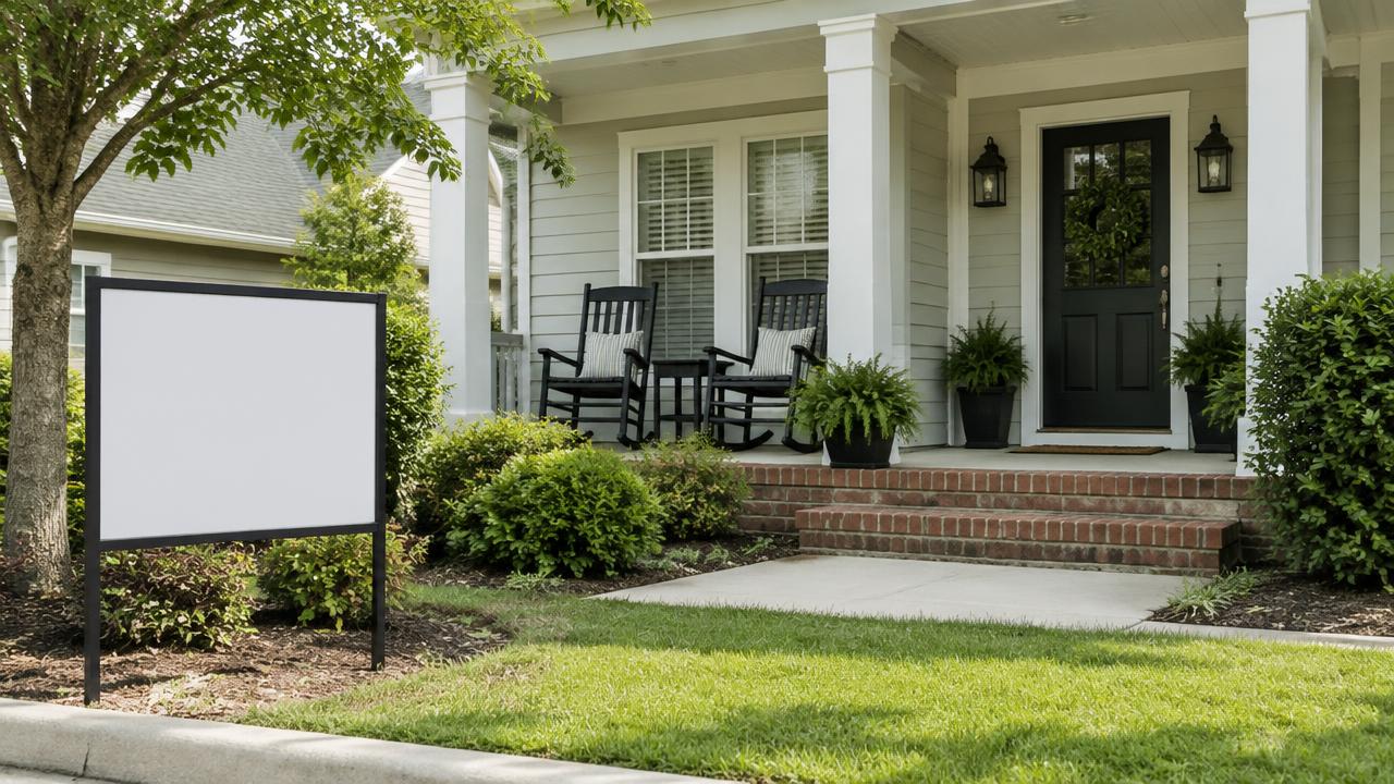 Front porch of a suburban home in Chesapeake, Virginia with a sold sign at the curb