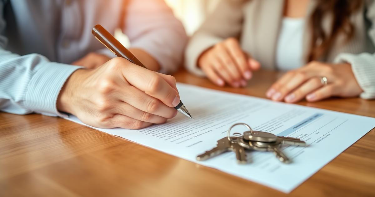 Close-up of a homeowner signing real estate documents at a table with a pen and a set of house keys nearby