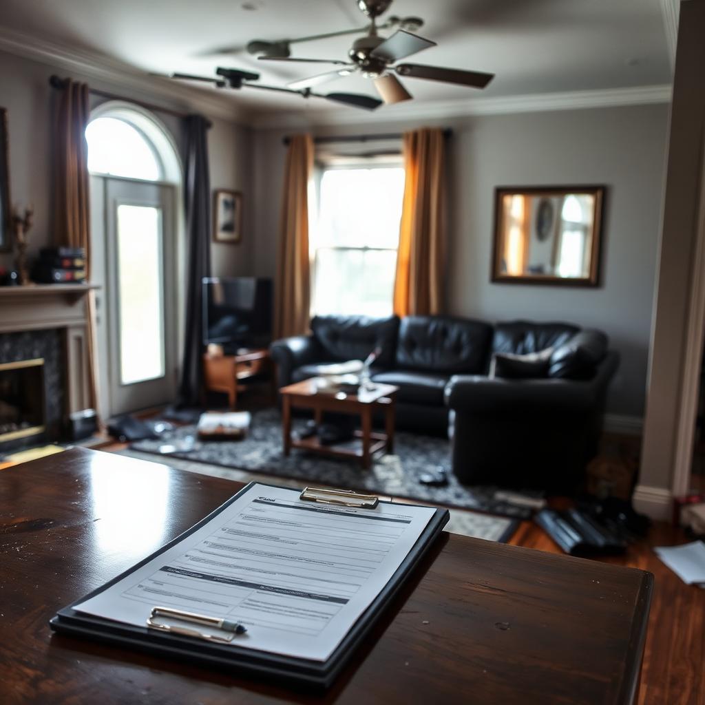 Charred living room in a Hampton Roads home with insurance adjuster clipboard on a table