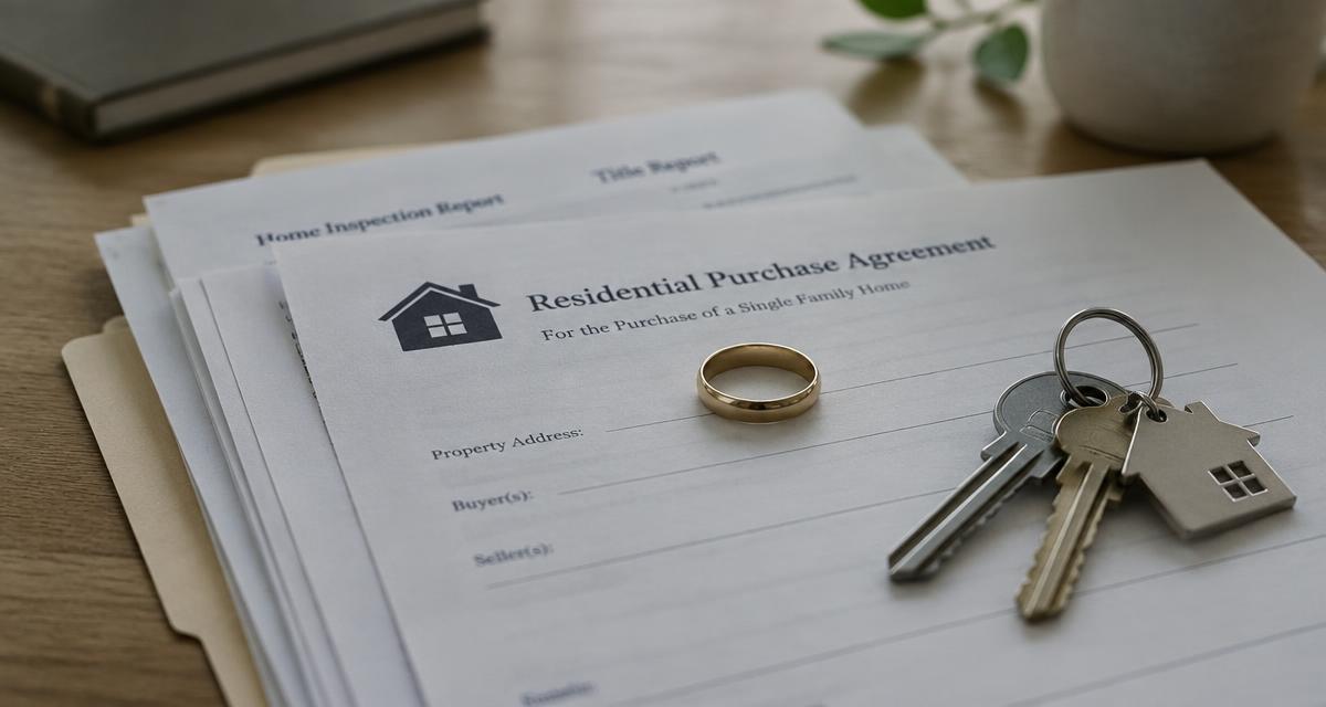 Wedding ring resting on home sale paperwork beside a set of house keys