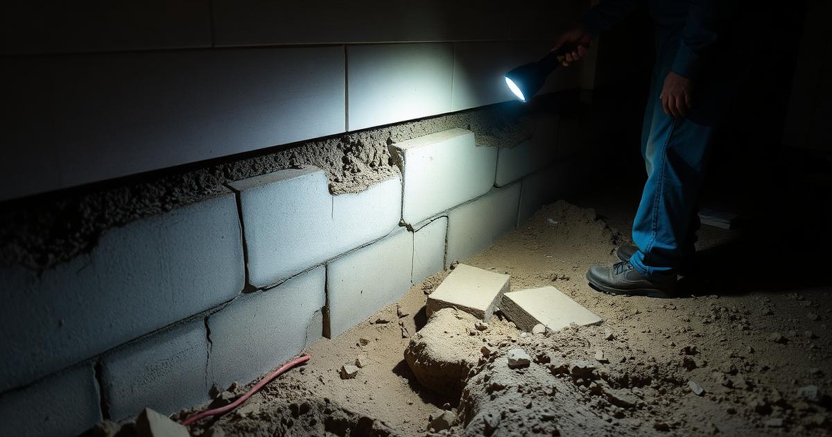 Contractor using a flashlight to inspect a cracked and crumbling concrete-block foundation wall in a dark crawlspace