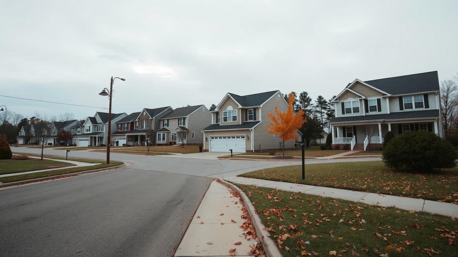 Quiet Hampton Roads suburban street on an overcast autumn day, illustrating a slowing 2026 housing market