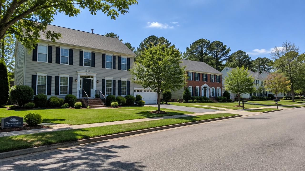 Suburban street of two-story homes in Chesapeake, Virginia on a sunny afternoon