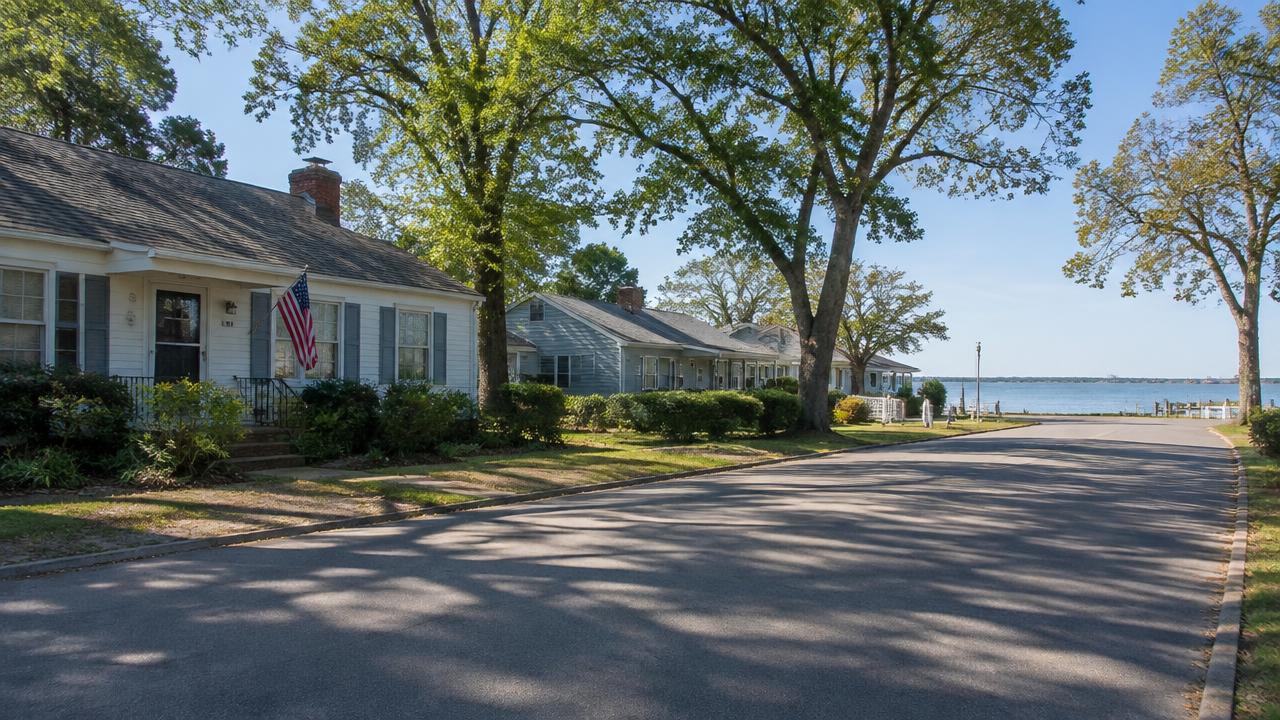 Waterfront neighborhood of older homes in Hampton, Virginia on a clear morning