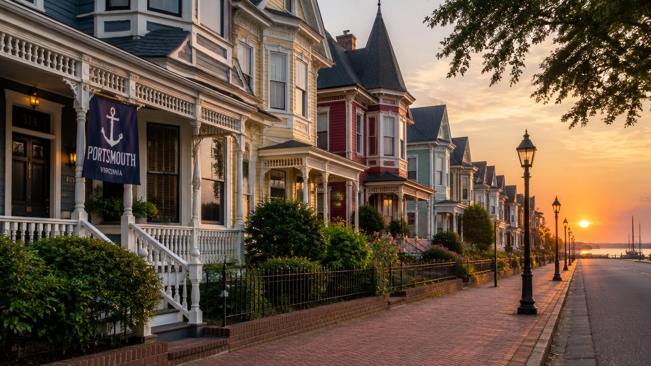 Row of historic homes in Olde Towne Portsmouth, Virginia at sunrise
