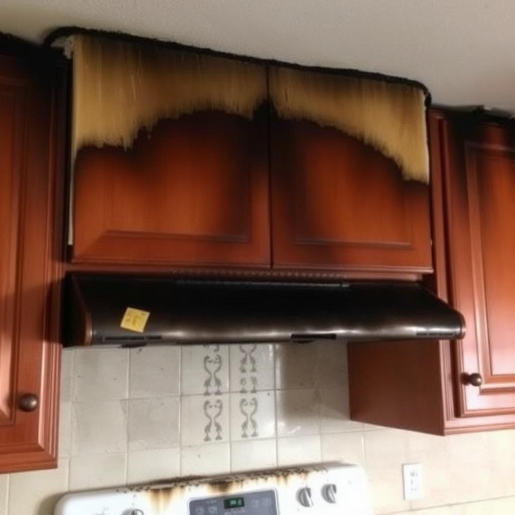 Charred kitchen cabinets and soot-covered range hood after a grease fire in a Virginia home