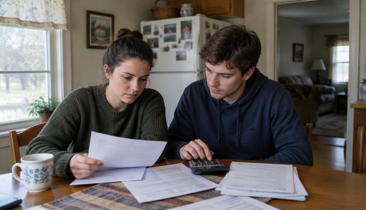 Two siblings reviewing closing paperwork for an inherited house at a kitchen table