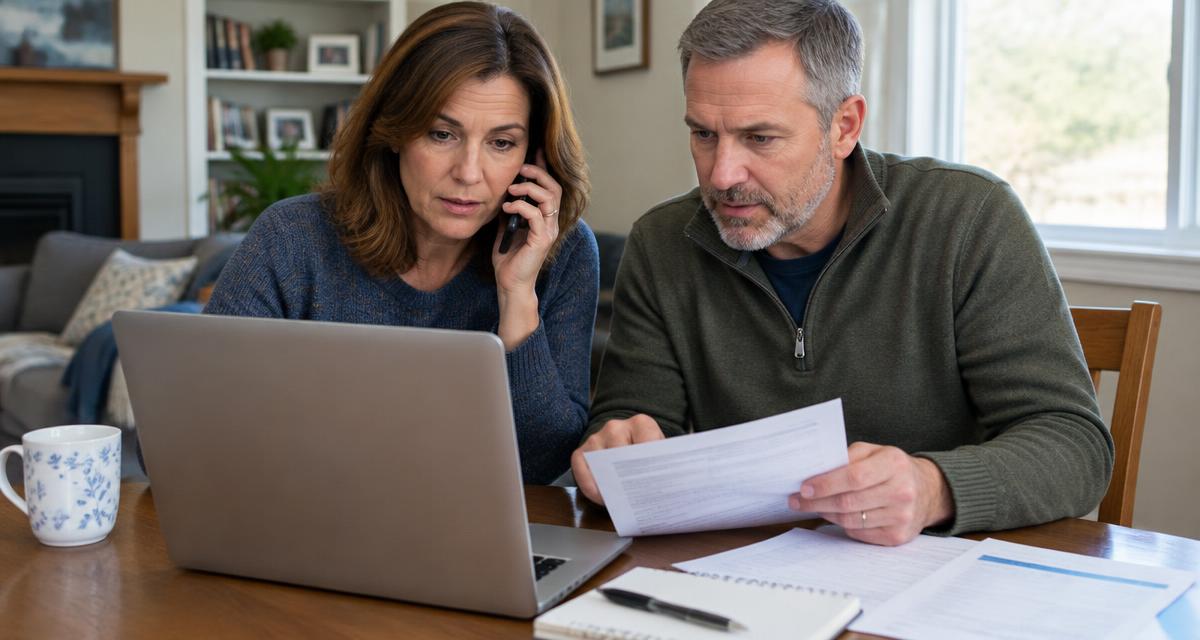 Couple on the phone with their mortgage lender reviewing paperwork at home