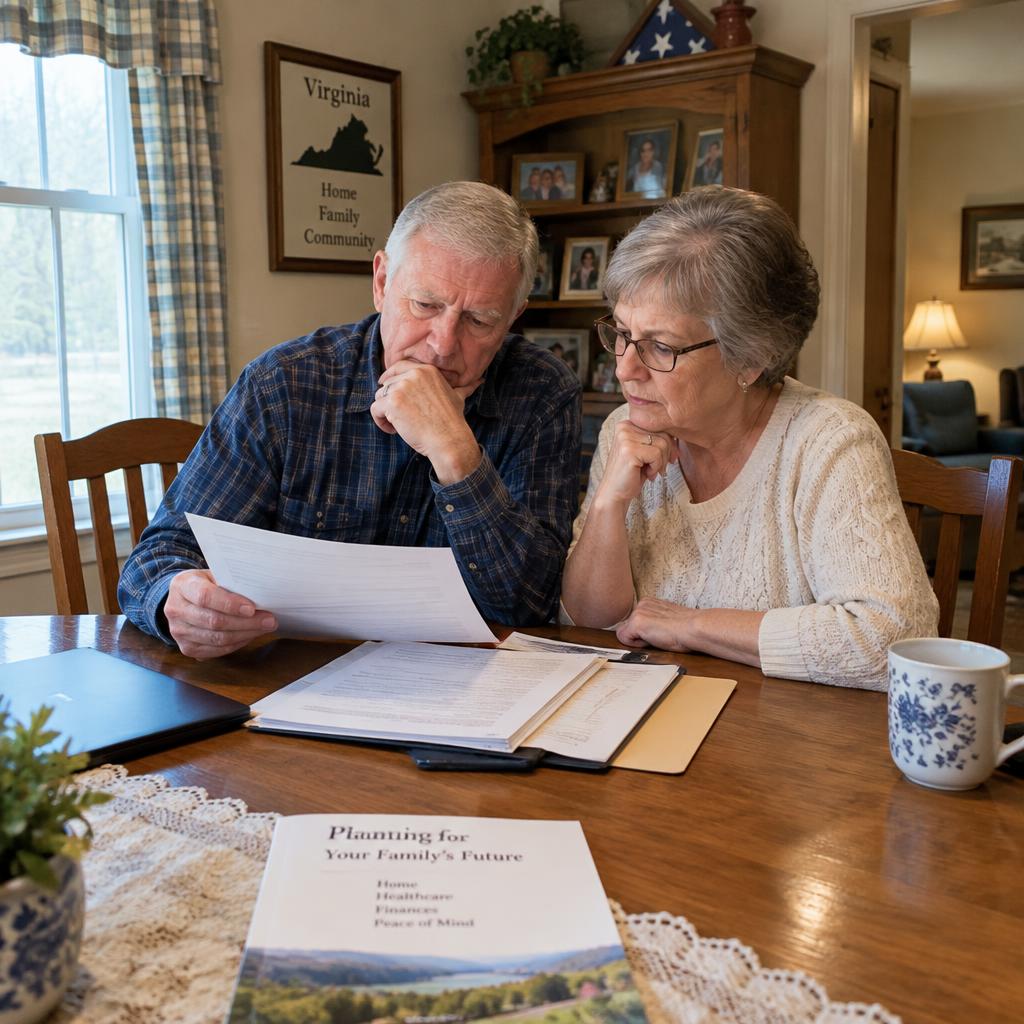 Older Virginia couple reviewing paperwork about their home and future care planning at their dining table