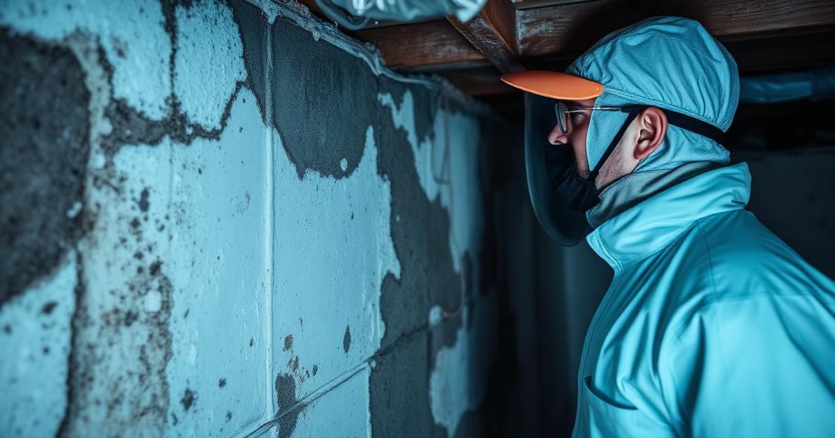Mold remediation worker in a blue protective suit, mask, and hood inspecting extensive black mold on a damp basement wall