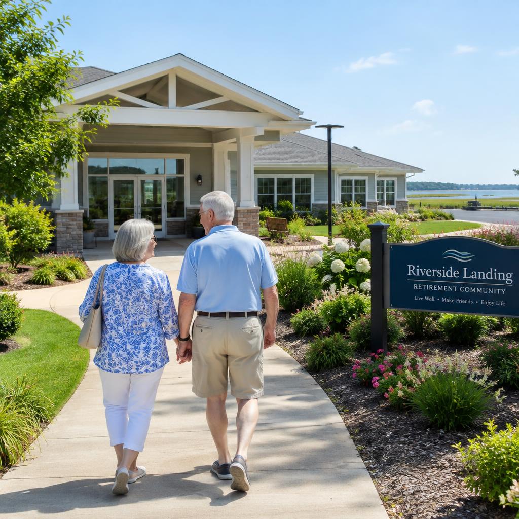 Senior couple walking toward a retirement community building in coastal Virginia on a sunny day