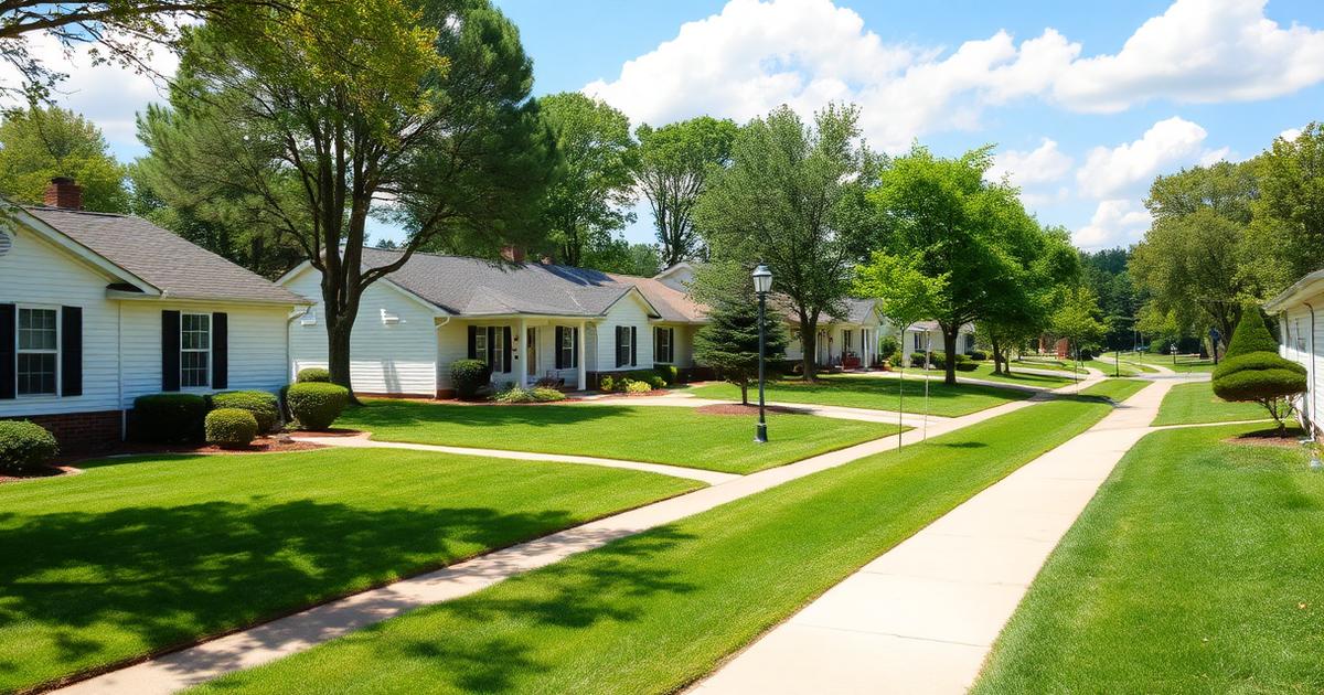 Suburban Chesapeake, Virginia neighborhood with white ranch homes, manicured lawns, and a partly cloudy blue sky