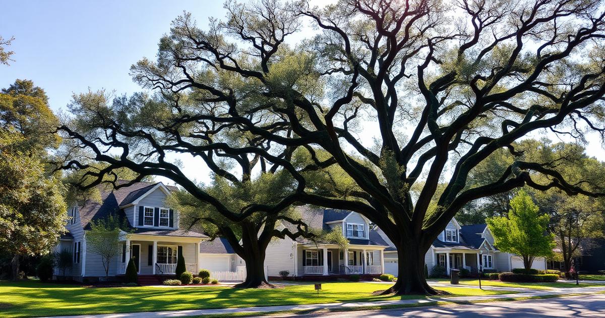 Older single-family homes in a Hampton, Virginia neighborhood beneath the sprawling canopy of a large southern live oak tree
