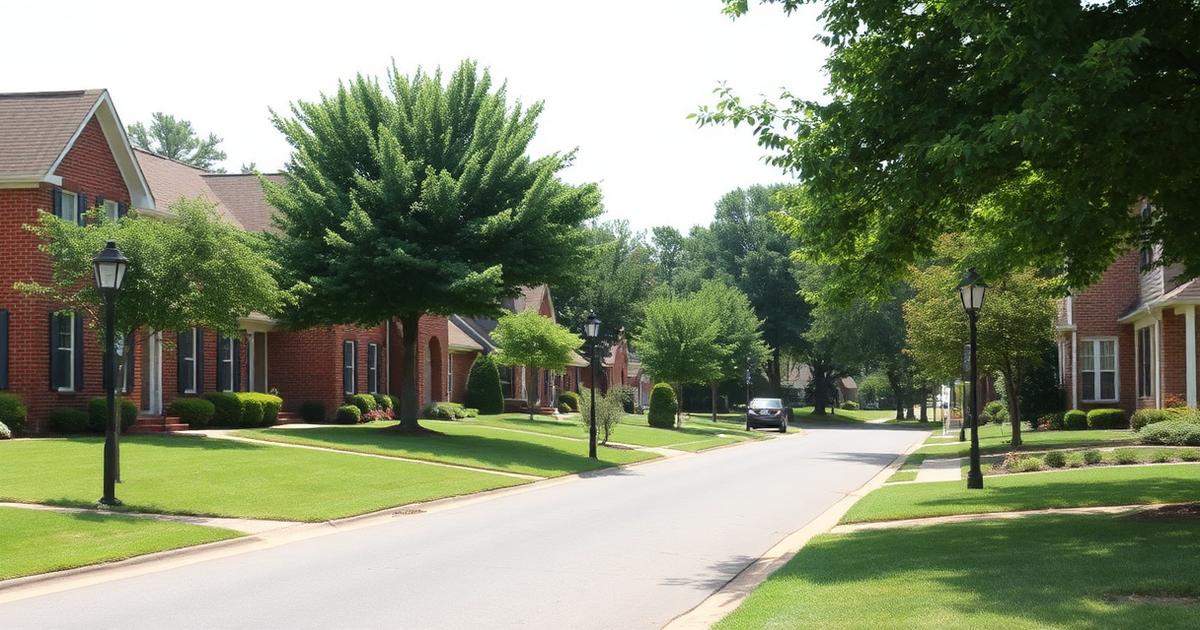 Quiet Newport News, Virginia residential street lined with brick homes, streetlamps, and mature shade trees