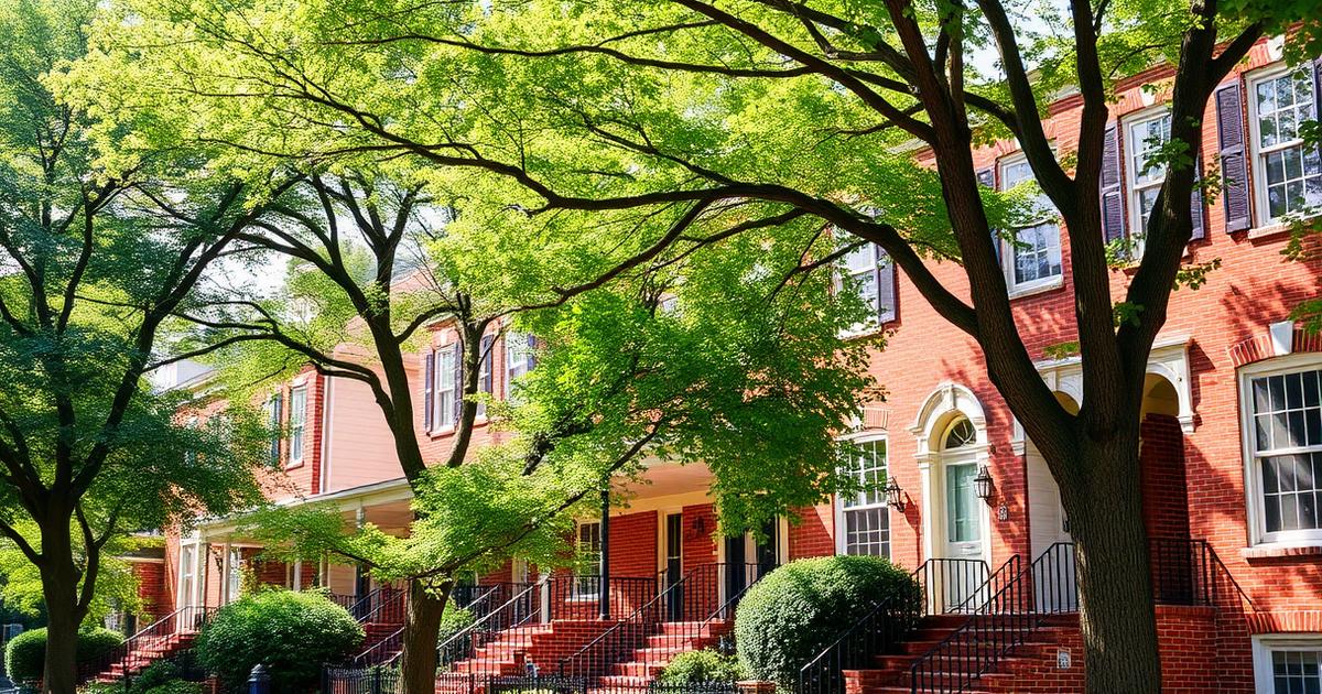 Sunlit street of historic red-brick row houses in a Norfolk, Virginia neighborhood shaded by mature trees