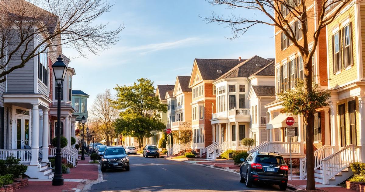 Sunlit Portsmouth, Virginia residential street lined with restored Victorian and Colonial-style homes near the waterfront