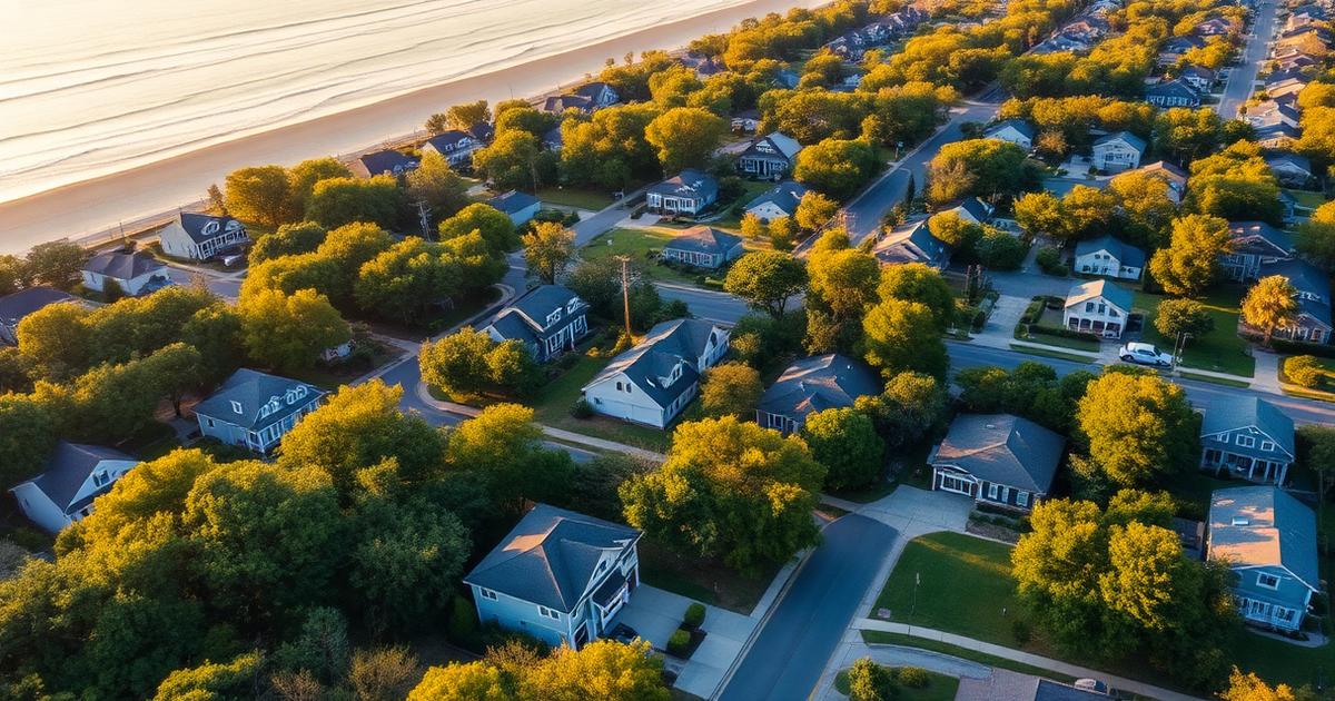 Aerial view of a Virginia Beach coastal neighborhood with tree-lined streets, single-family homes, and the Atlantic shoreline at golden hour