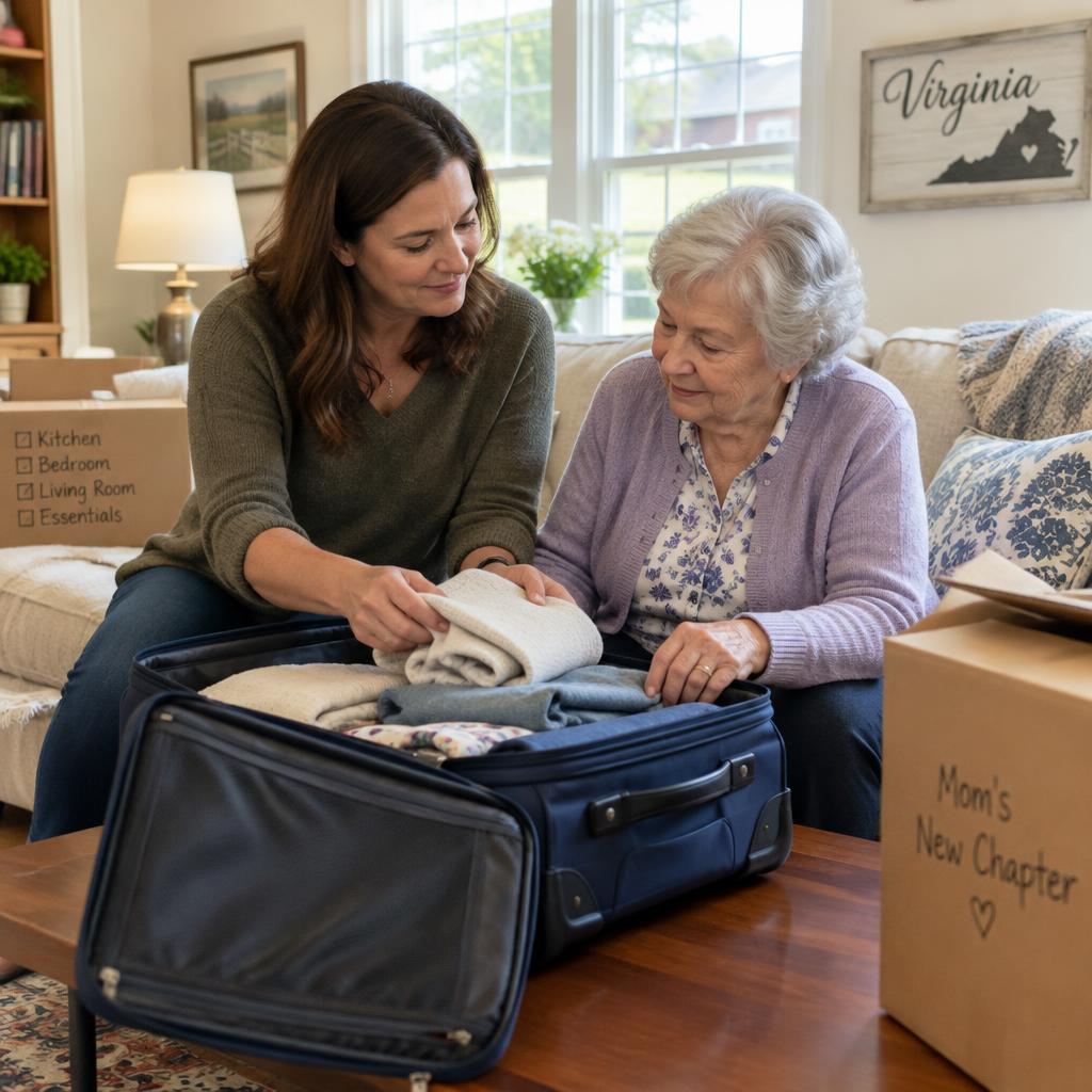 Adult daughter helping her elderly mother pack a suitcase in their Virginia home before a move to assisted living