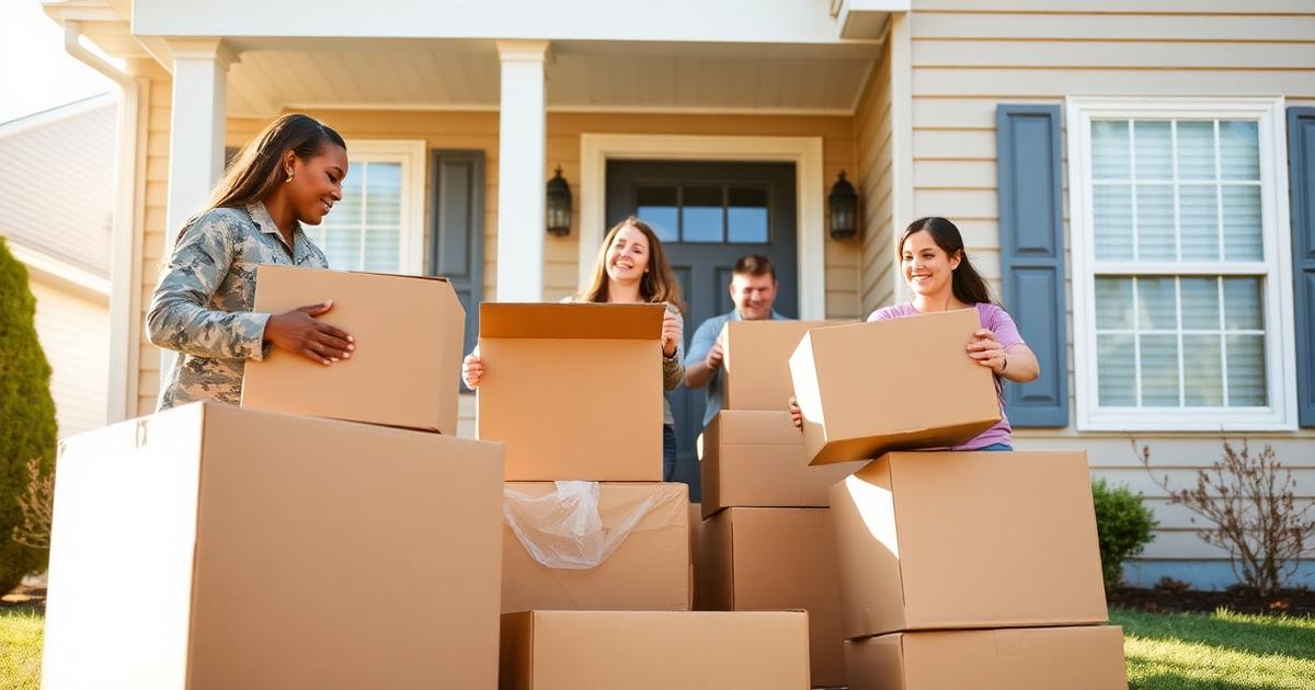 Military family in uniform and casual clothes carrying moving boxes on the front porch of their Virginia Beach home during a PCS relocation