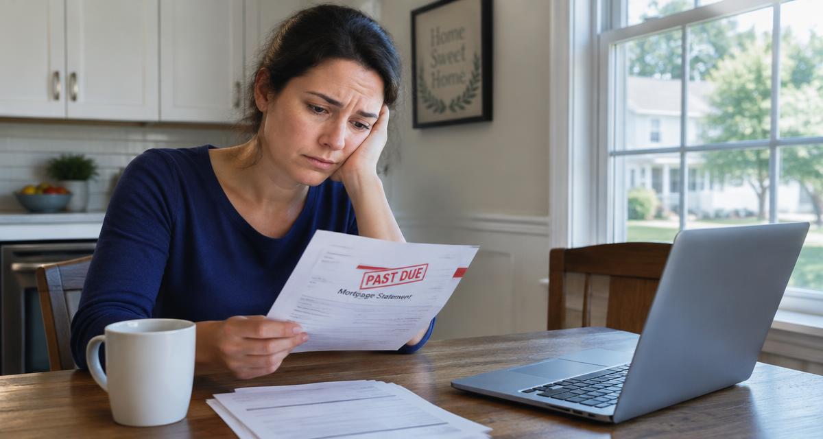 Homeowner at a kitchen table reading a past-due mortgage statement