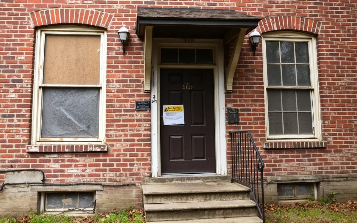 Condemned brick house in Portsmouth, Virginia with a code violation notice on the door