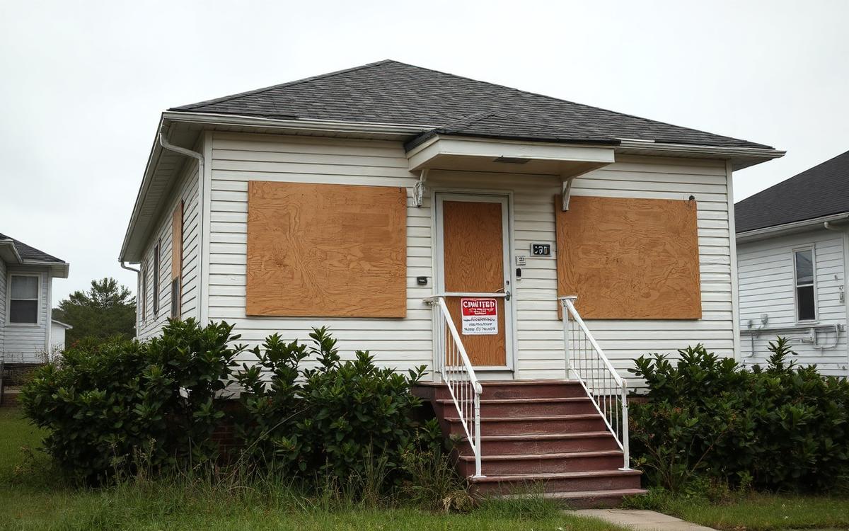 Boarded-up condemned house in Virginia Beach, Virginia with an unsafe placard