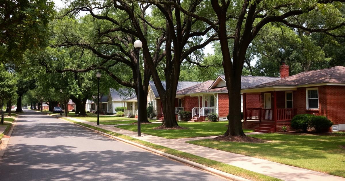 Well-kept 1930s brick single-family cottages on a shaded street in the historic Aberdeen Gardens planned community in Hampton, Virginia