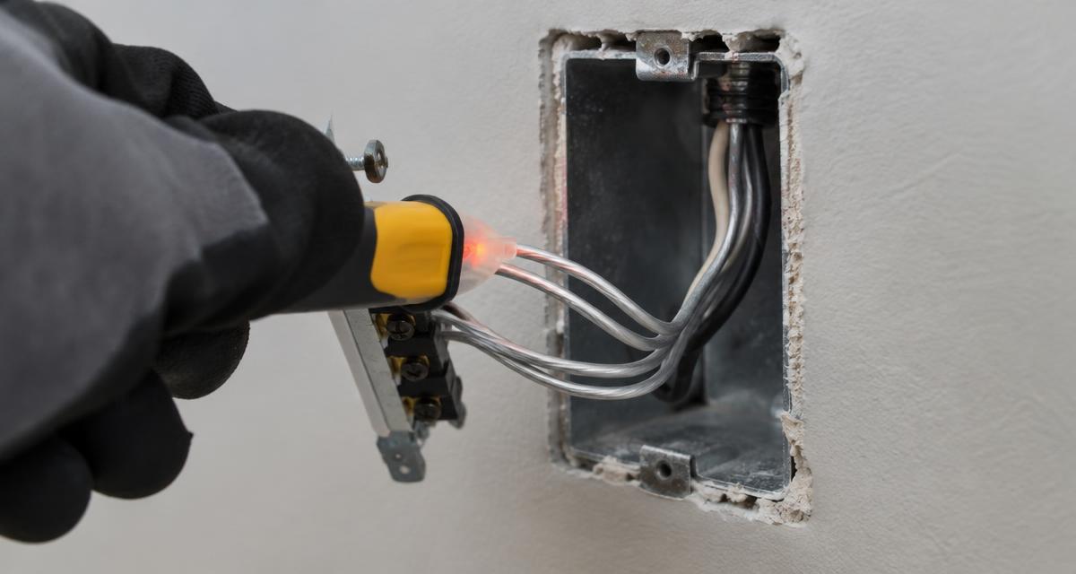 Electrician testing silver aluminum branch wiring in an open outlet box in an older Virginia home