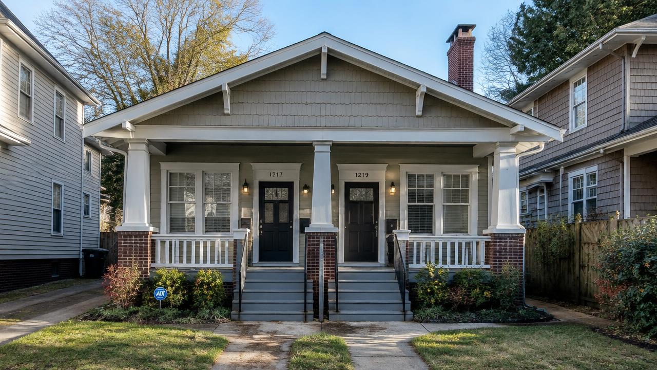 1920s bungalow duplex with twin front doors on a narrow lot in Ballentine Place, Norfolk, Virginia