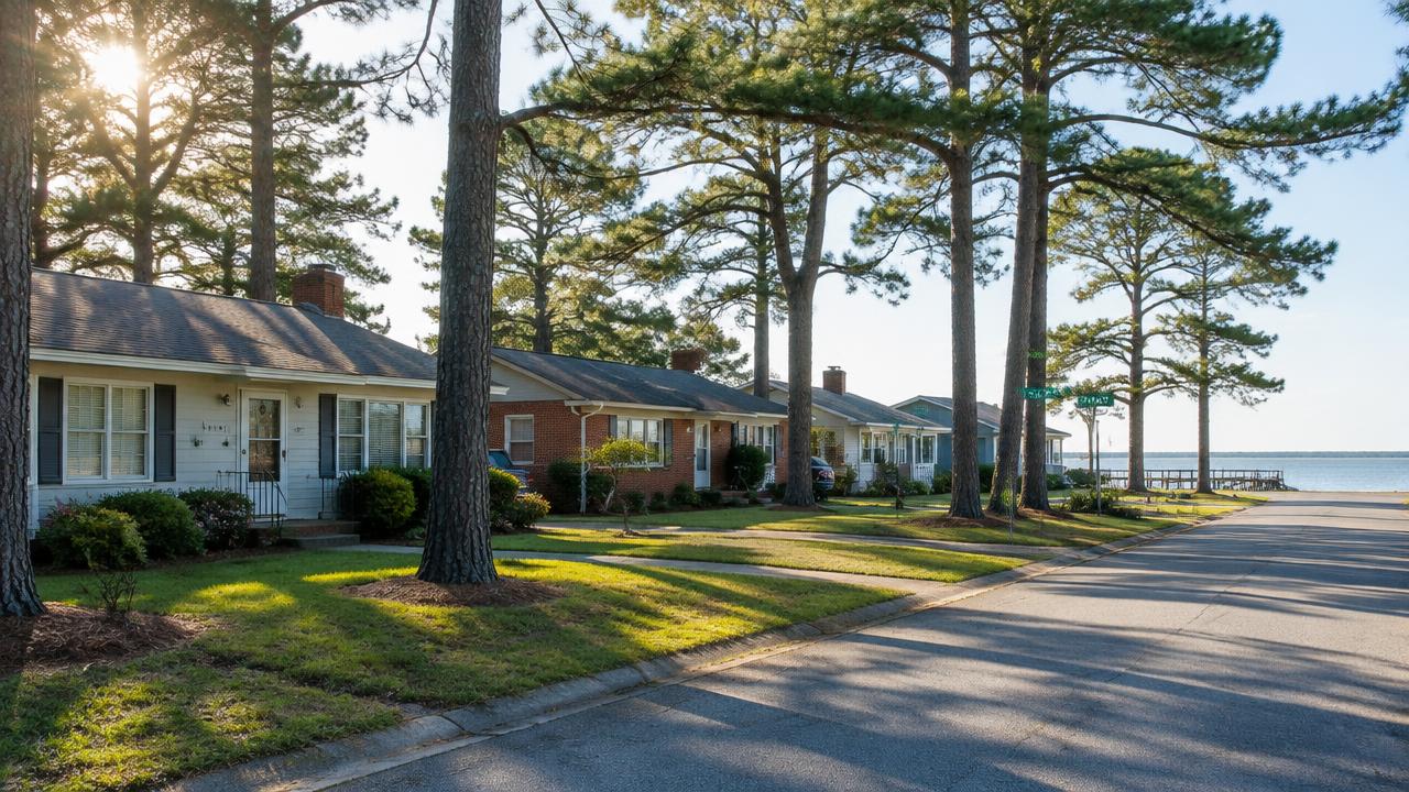 Mid-century cottages and ranch homes on a Bayside street near the Chesapeake Bay in Virginia Beach