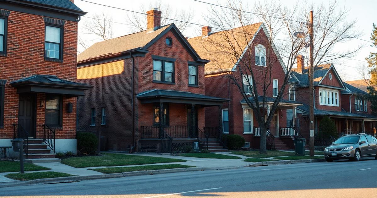 Older brick homes with front porches on a residential street in the Berkley neighborhood of Norfolk, Virginia at golden hour