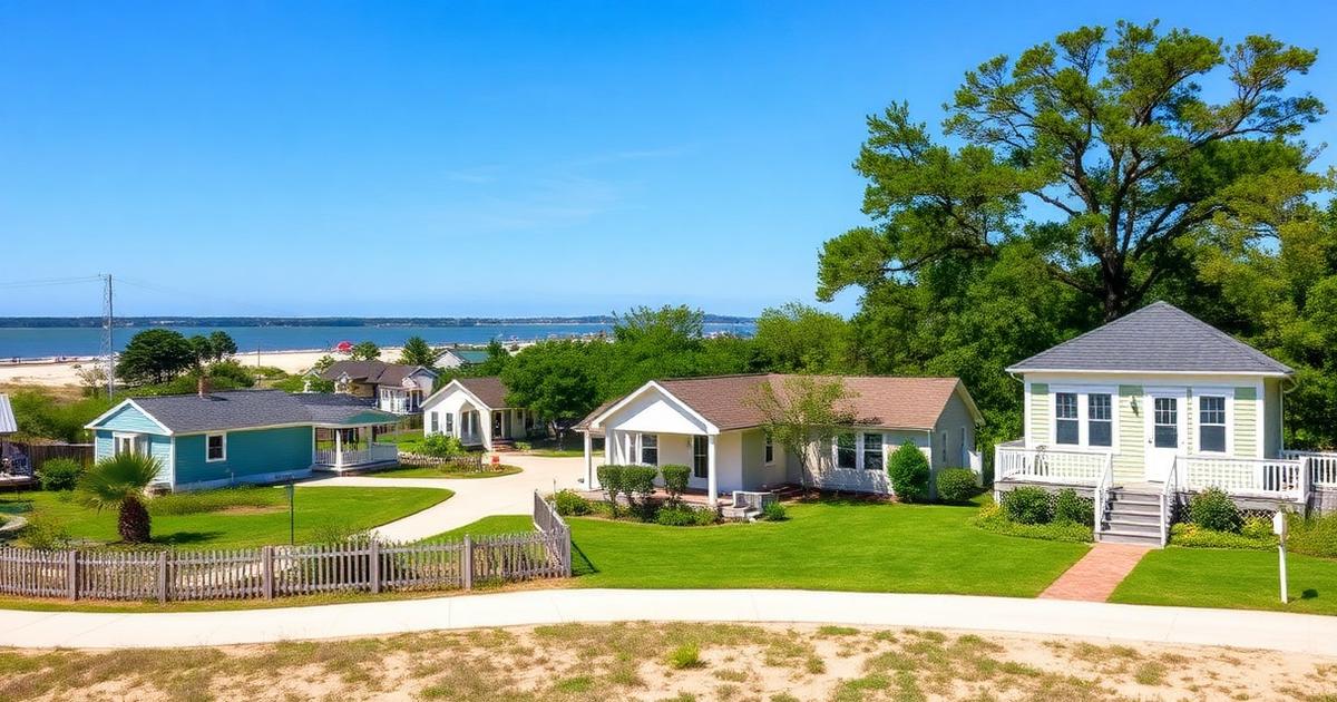 Small beach cottages and older single-family homes on grassy lots near the Chesapeake Bay shoreline in the Buckroe Beach neighborhood of Hampton