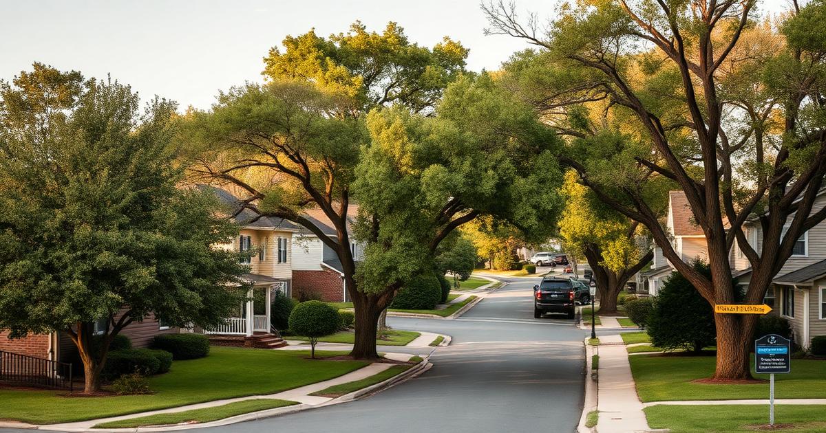 Tree-lined residential street in the Campostella neighborhood of Norfolk, Virginia with single-family homes and mature shade trees
