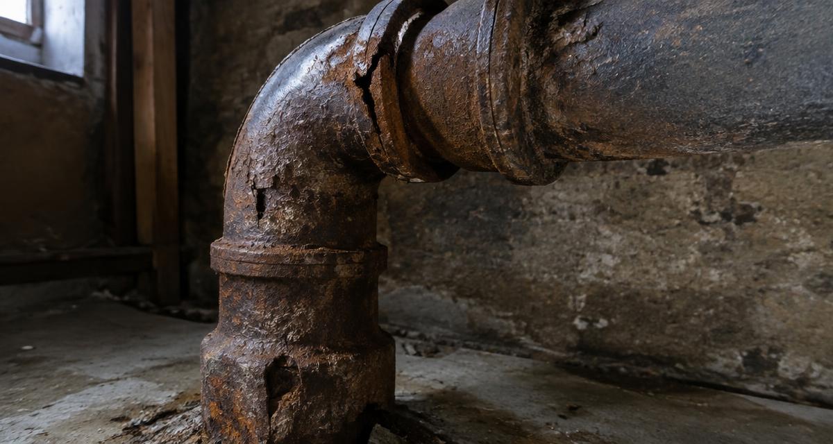 Corroded and cracked cast iron drain pipe in the basement of an older Virginia home
