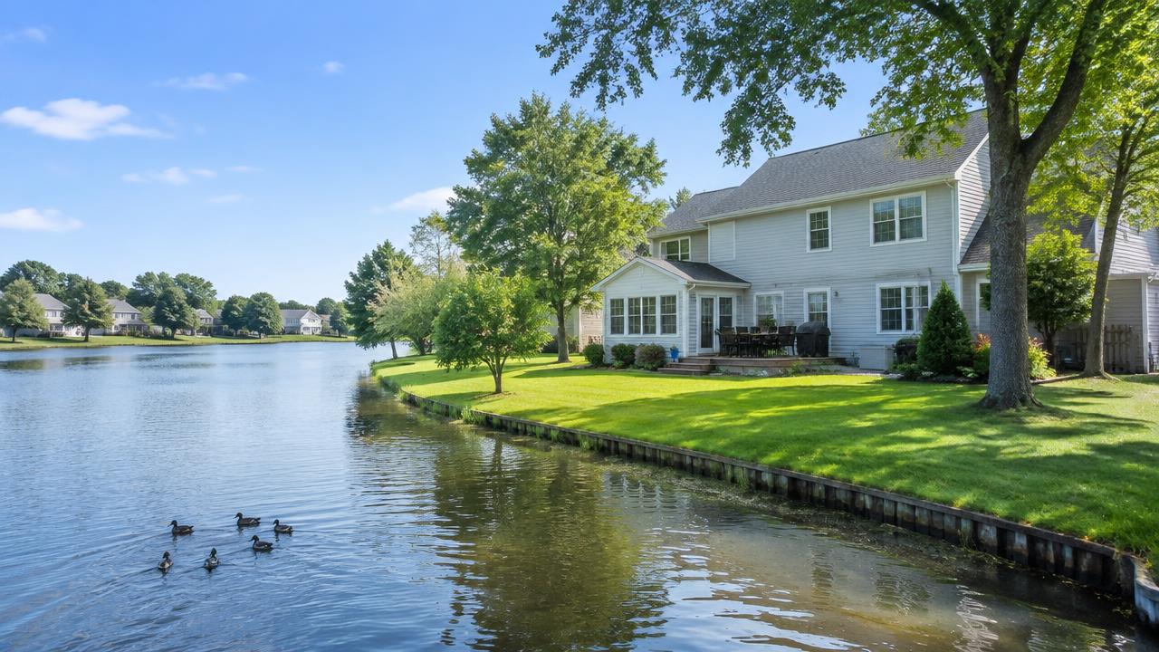 Two-story home backing onto a small neighborhood lake with ducks in Charlestowne Lakes, Virginia Beach, Virginia
