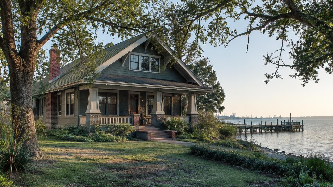 Early 1900s craftsman home near a tidal riverbank in Chesterfield Heights, Norfolk, Virginia
