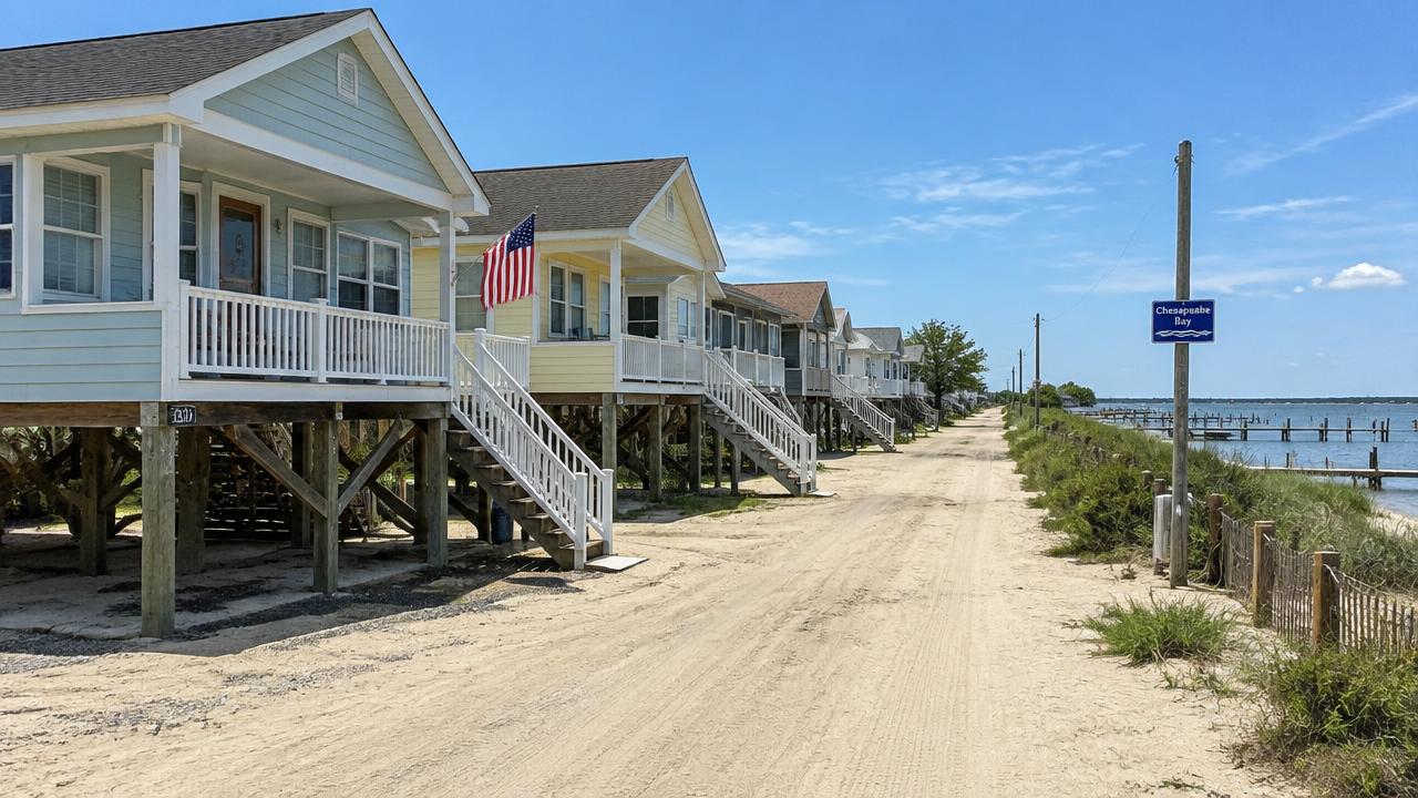 Raised beach cottages near the Chesapeake Bay in Chic's Beach, Virginia Beach