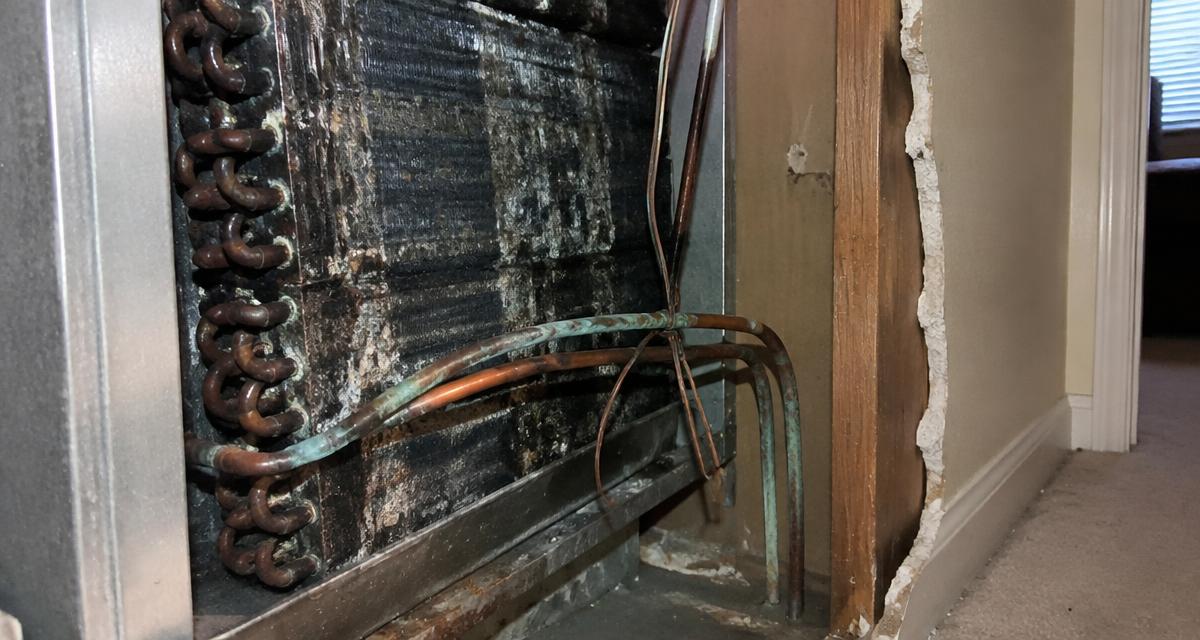 Blackened copper AC coil and corroded copper lines next to removed drywall in a 2000s Virginia home