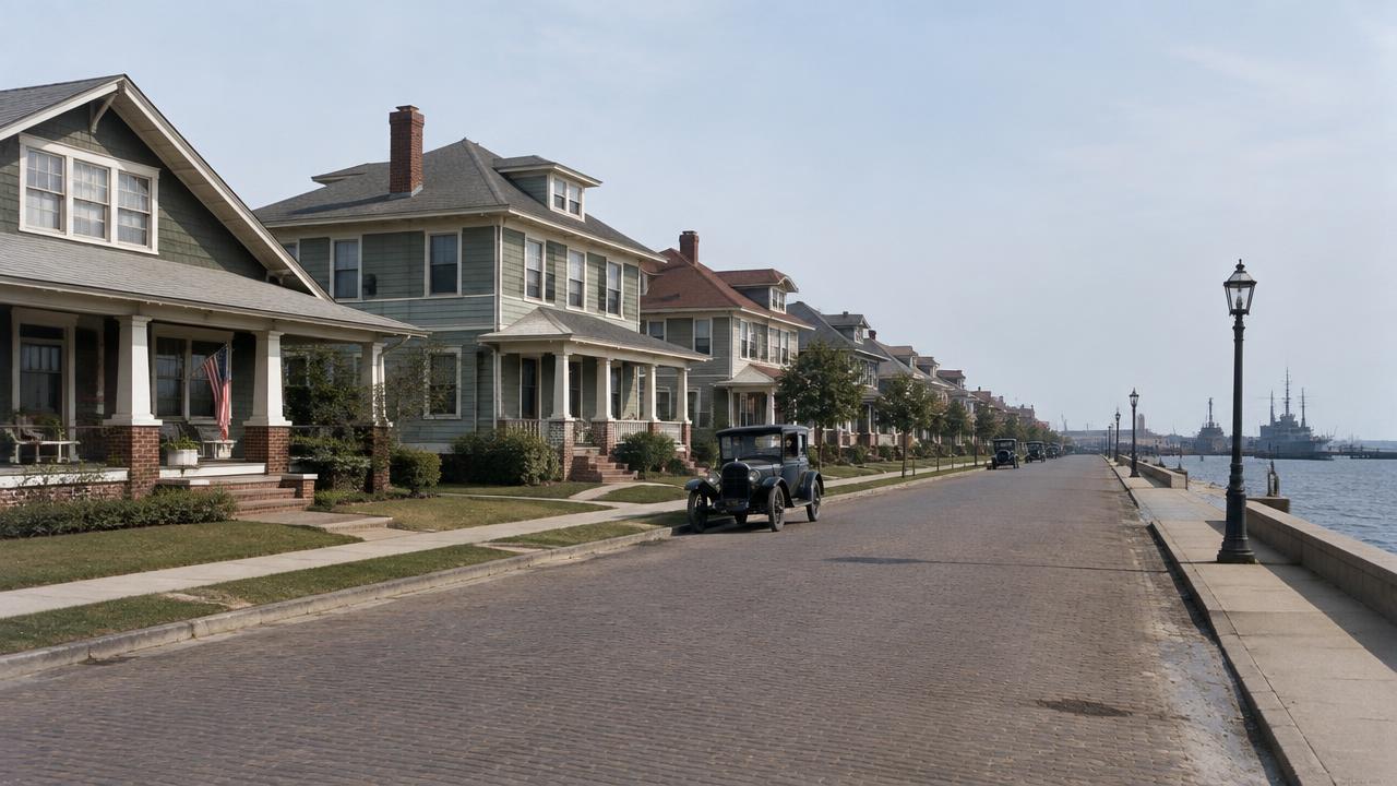 Early-1900s bungalows near the water in Colonial Place, Norfolk