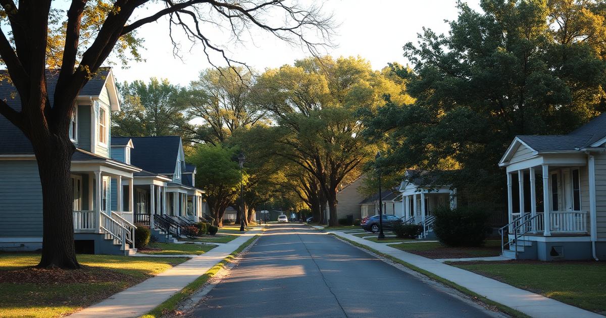 Sunlit street of WWI-era Craftsman shipyard-worker cottages with mature trees in the Cradock neighborhood of Portsmouth, Virginia