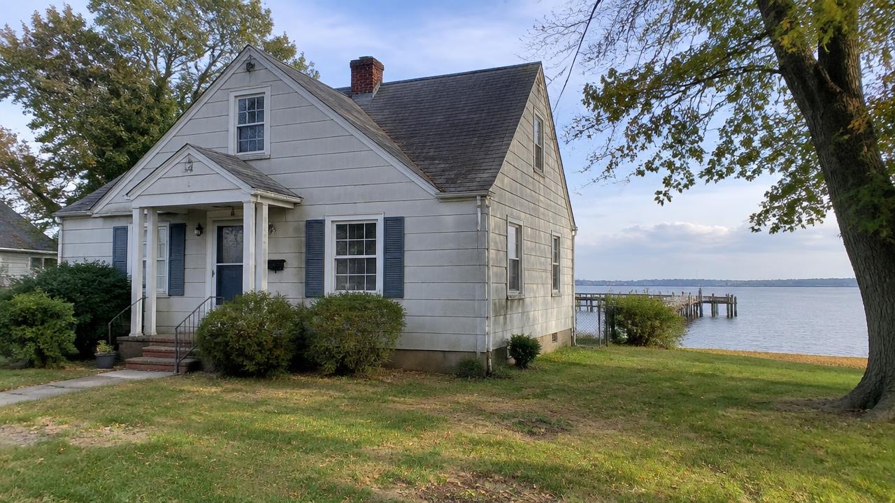 1940s cottage style home with asbestos siding near a river in Crestwood, Chesapeake, Virginia