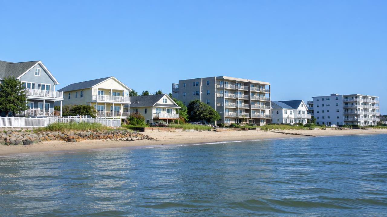 Row of bayfront cottages and small apartment buildings near the beach in East Ocean View, Norfolk, Virginia