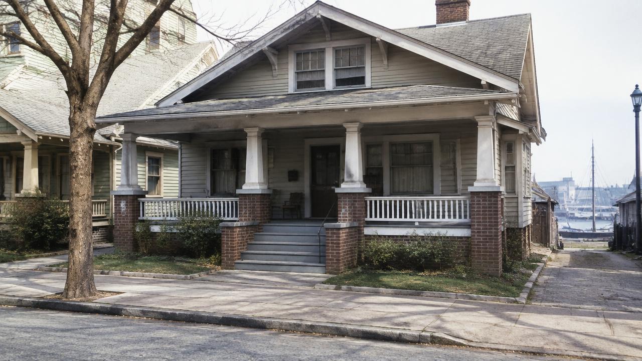 Early 1900s wood bungalow with a full front porch on a city street in Fairmount Park, Norfolk, Virginia