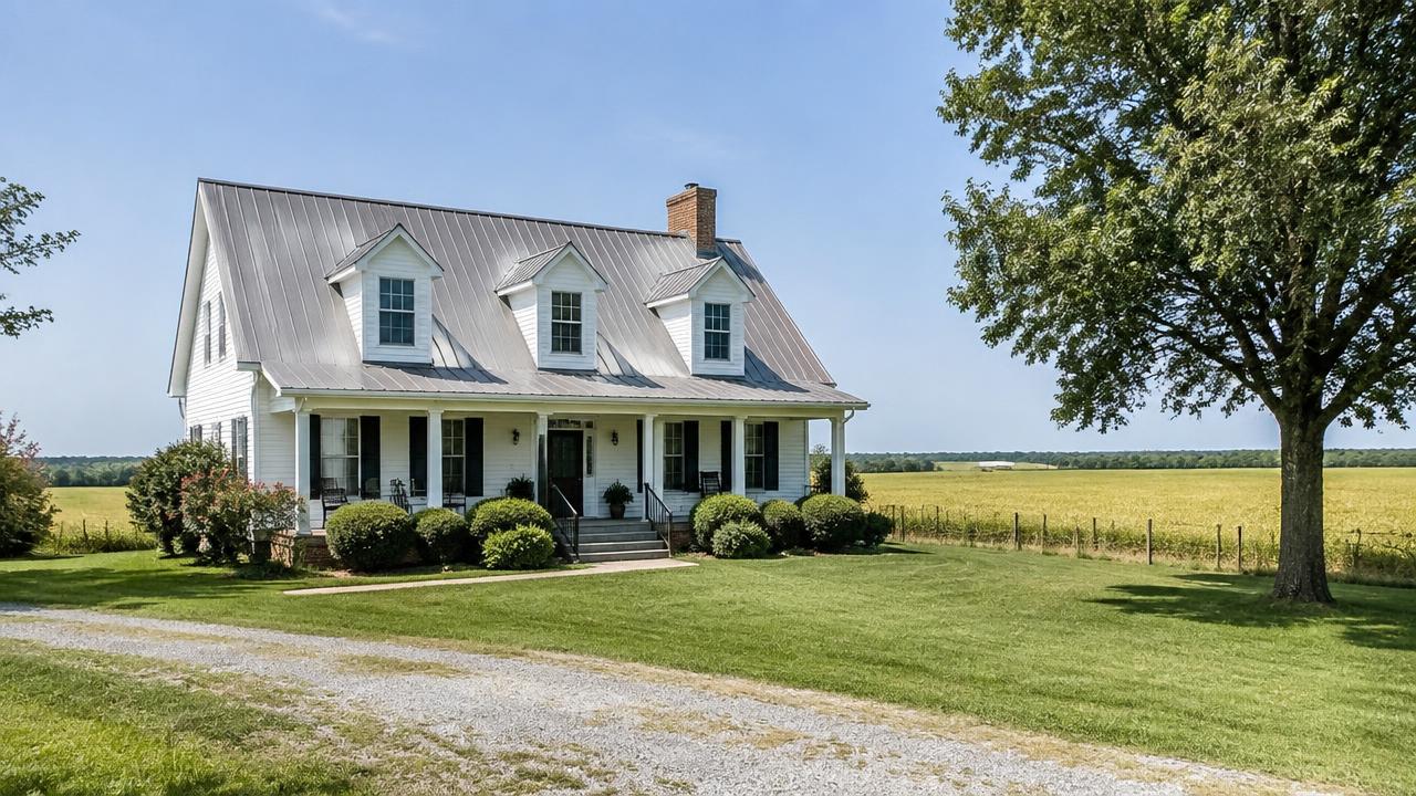 Rural farmhouse with a metal roof and open fields behind it in Fentress, Chesapeake, Virginia